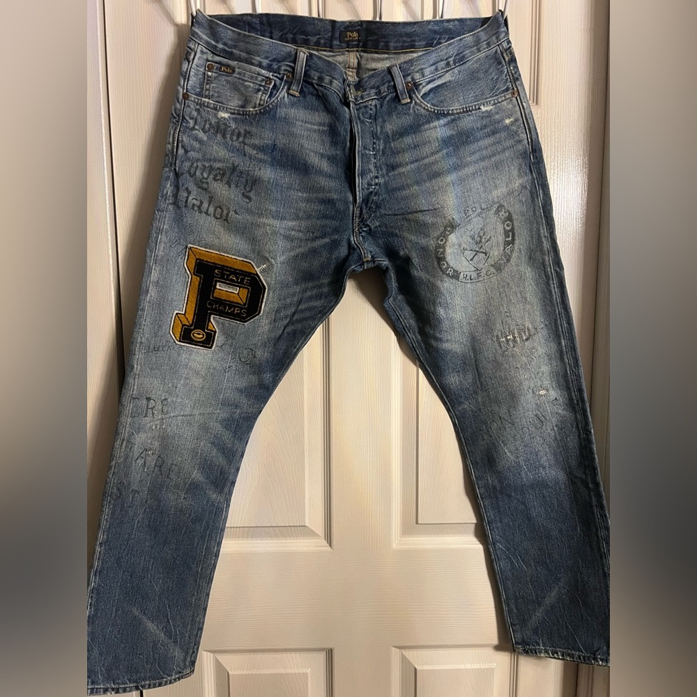 SOLD RARE VTG Polo Ralph Lauren P Patch Denim Jeans CC Graffiti Sullivan Slim 36